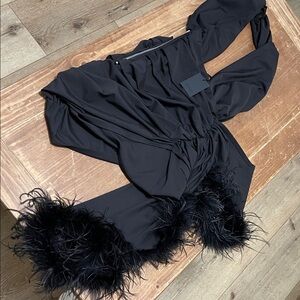 NBD Black Asymmetrical Dress with Feather Trim